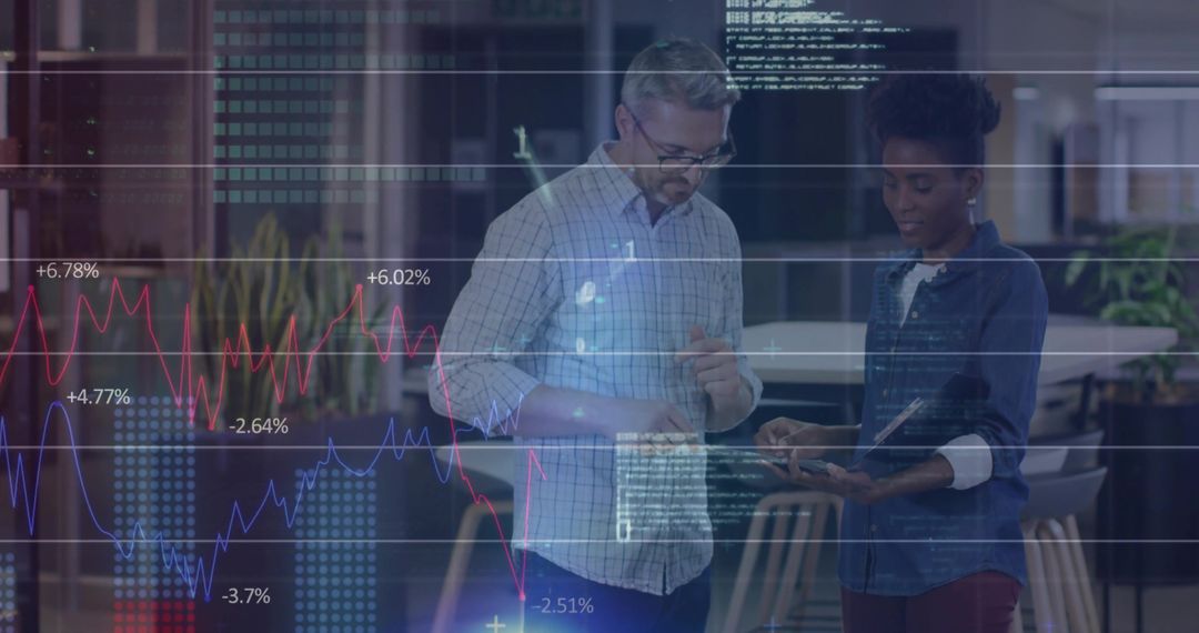 Professionals Collaborative Data Analysis with Digital Overlays in Modern Office