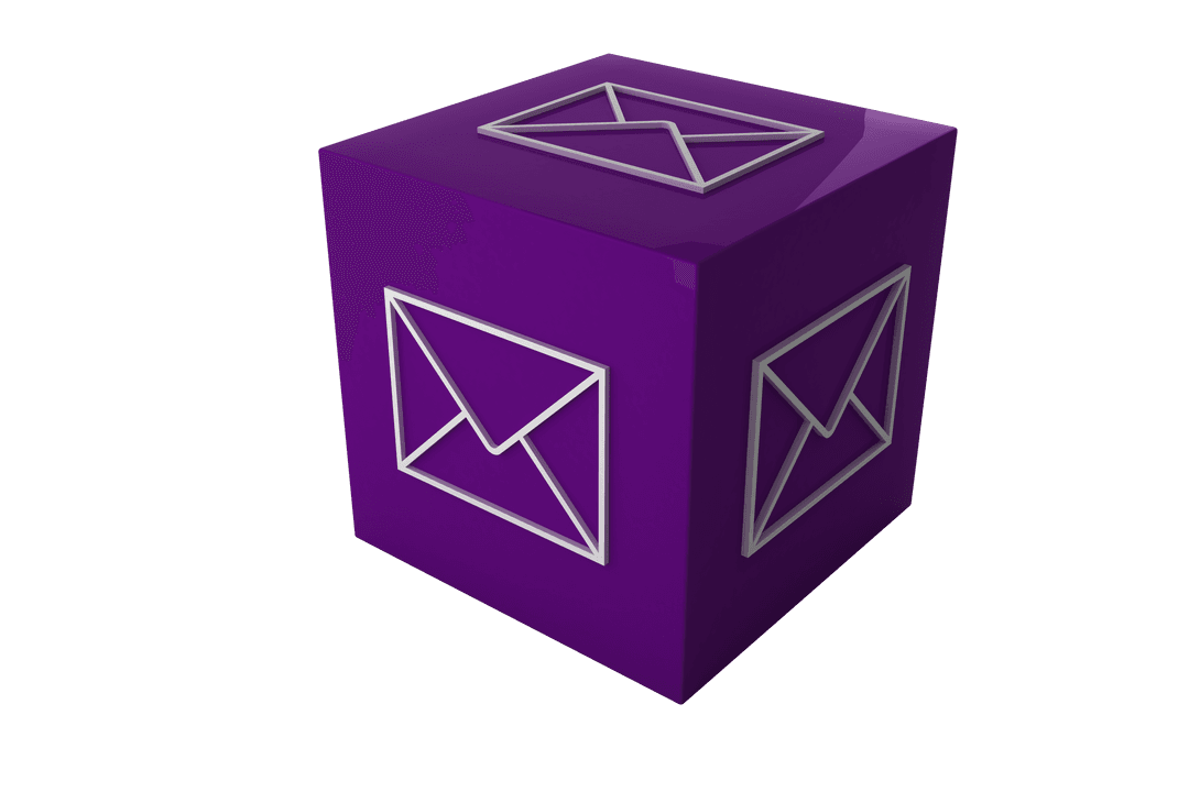 Purple Cube with Mail Icon on Transparent Background Digital Illustration