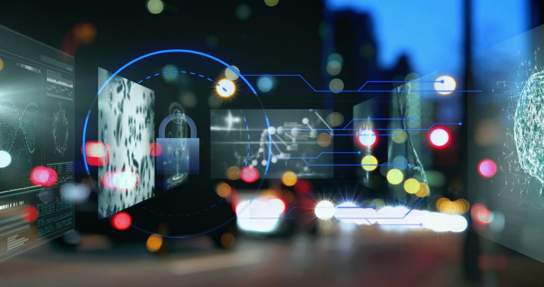 Futuristic Cyber Security Interface Over Cityscape