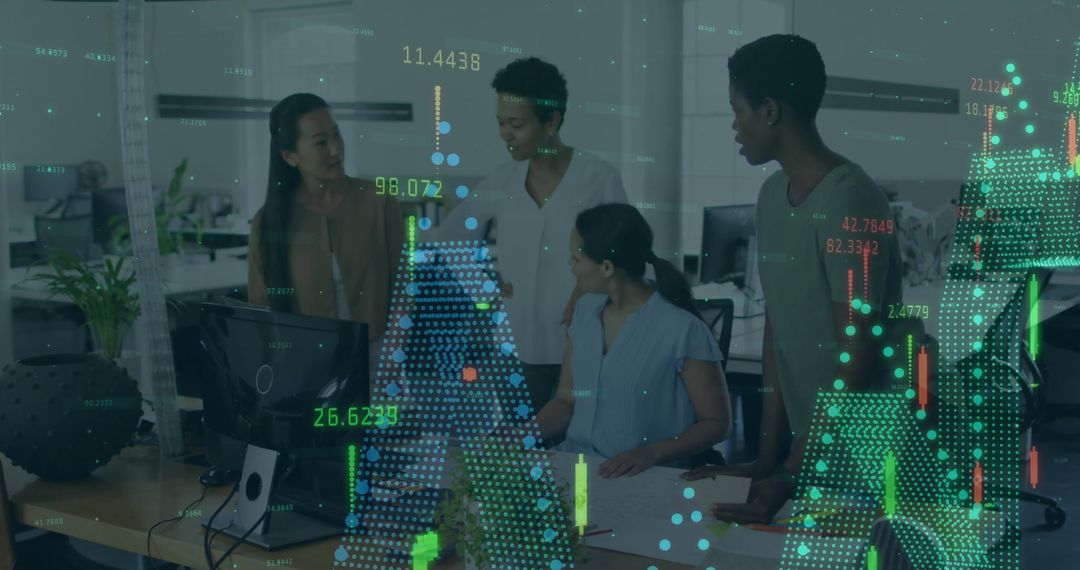 Digital Financial Data Overlay on Diverse Team in Office Setting
