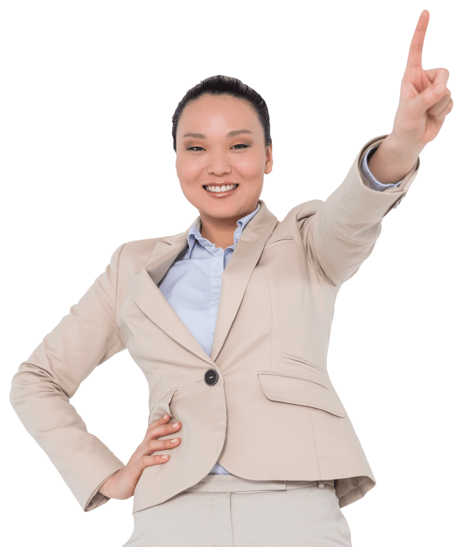 Transparent Asian Businesswoman Smiling and Pointing Upward