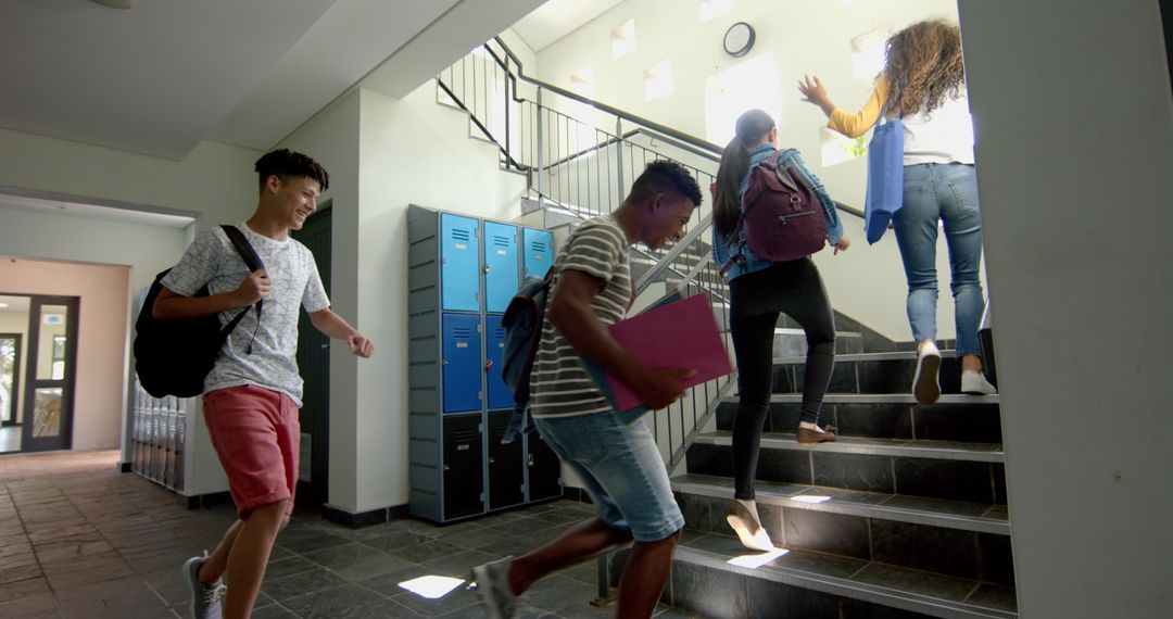Cheerful High School Students Heading to Class