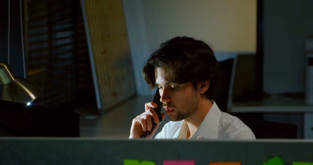 Businessman taking late night phone call in dimly lit office - Free Images, Stock Photos and Pictures on Pikwizard.com