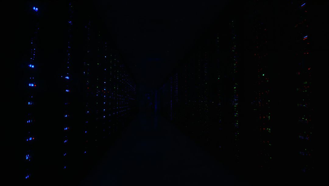Glowing server racks lining dark data center aisle with blinking LED lights and cables