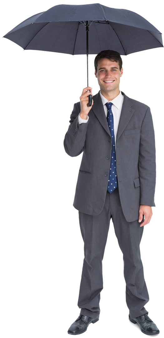 Transparent happy businessman holding grey umbrella in suit - Download Free Stock Images Pikwizard.com