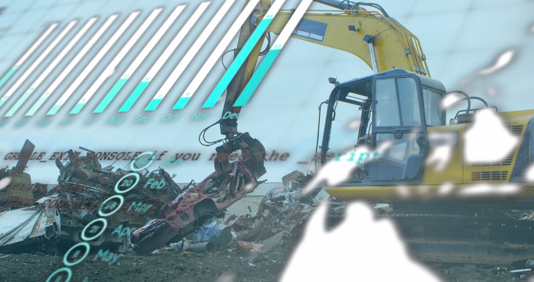 Excavator Demolishing Car with Futuristic Digital Overlay
