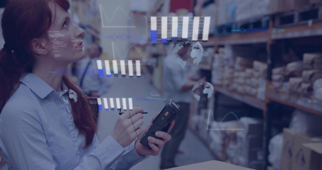 Woman scanning inventory with handheld terminal in warehouse while analyzing stock data overlays