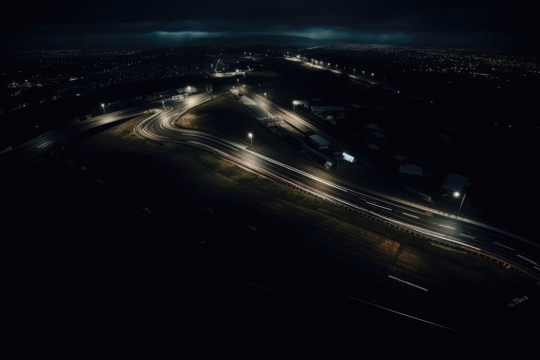 Nighttime Aerial View of Illuminated Racetrack with Light Trails - Free Images, Stock Photos and Pictures on Pikwizard.com