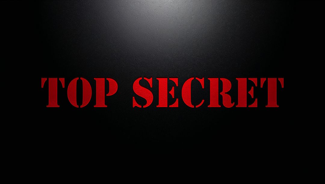 Red TOP SECRET Stencil on Black Textured Backdrop with Dramatic Spotlight