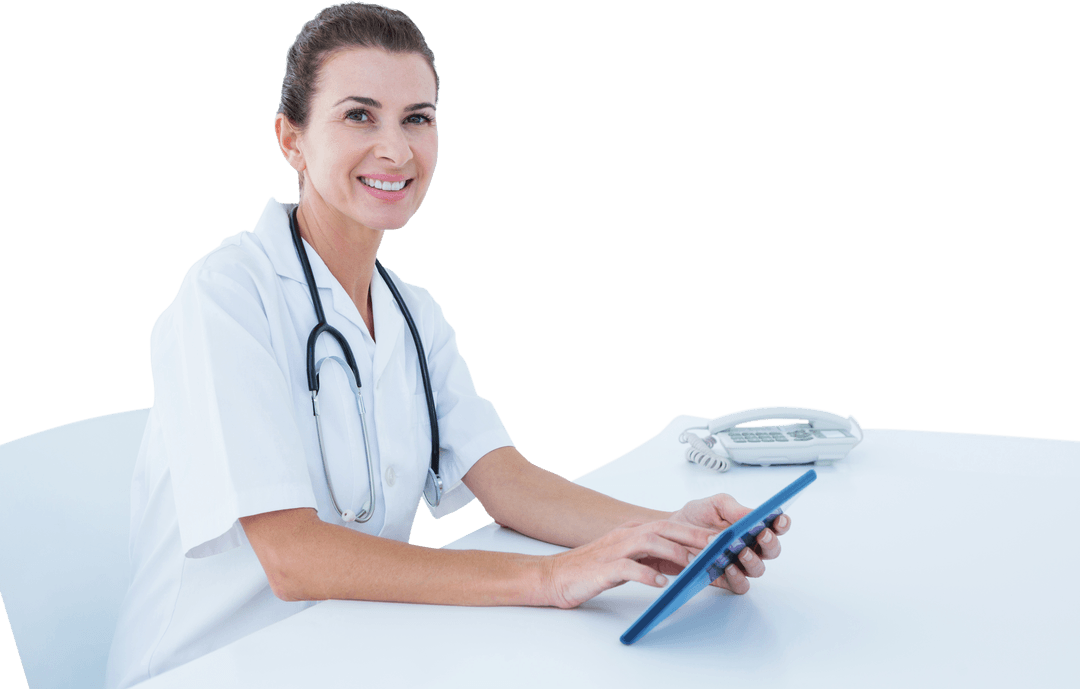 Transparent Doctor Using Digital Tablet in Modern Office Environment