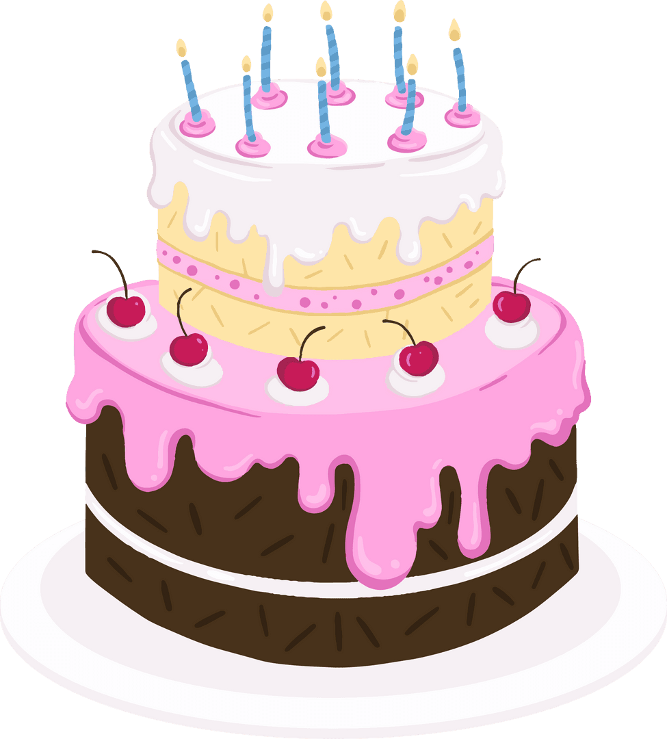 Two-Tier Cake with Cherries and Candles on Transparent Background