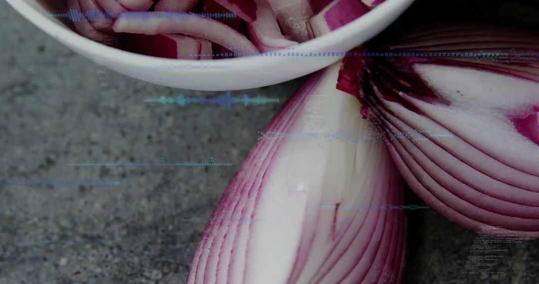Slices and Halved Red Onion with Digital Layer on Stone Surface