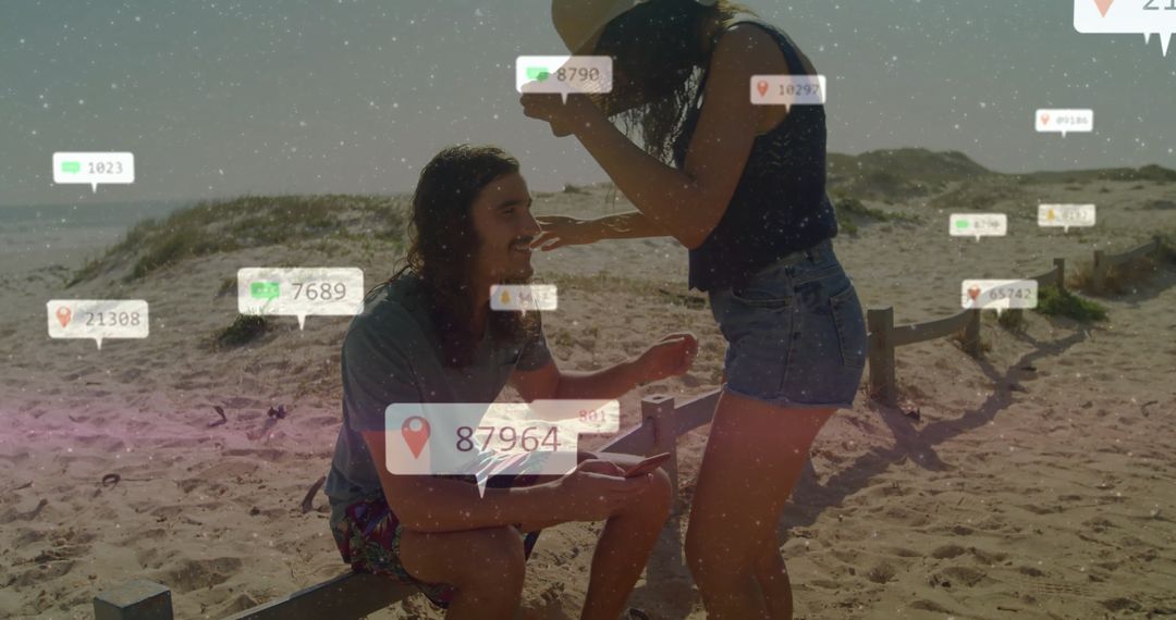 Couple with Smartphone Notification Icons Beach Adventure