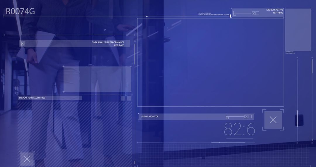 Businesswoman with Digital Interface Overlay in Futuristic Office