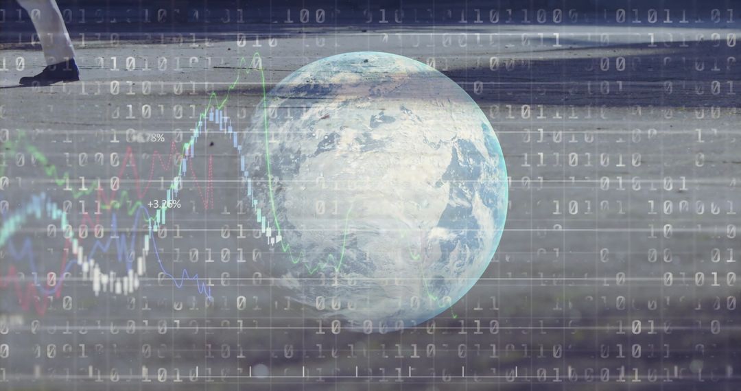 Earth Surrounded by Binary Code and Financial Data Visualization