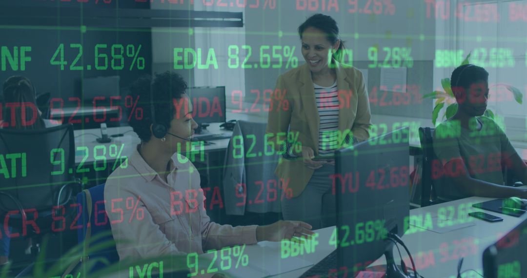 Business Team Discussing Stock Trades with Digital Insights Display