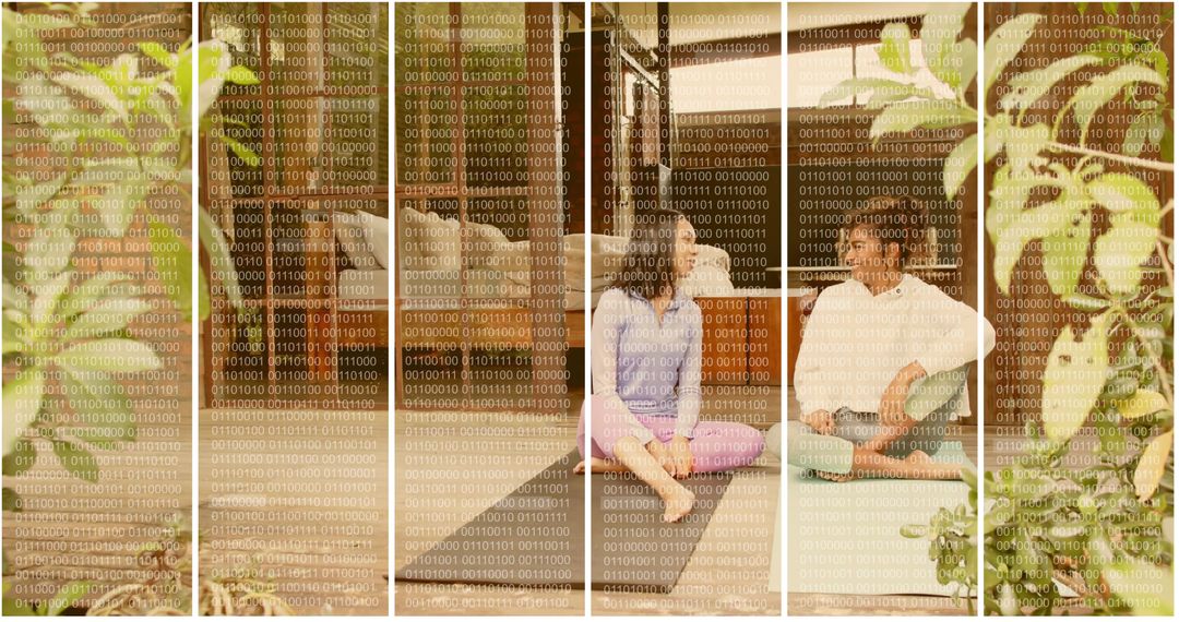 Sitting barefoot friends talking on sunlit veranda with binary code overlay, cozy sepia