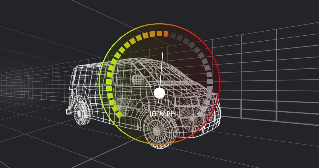 3D Car Wireframe with Speed Gauge Overlay in Digital Environment
