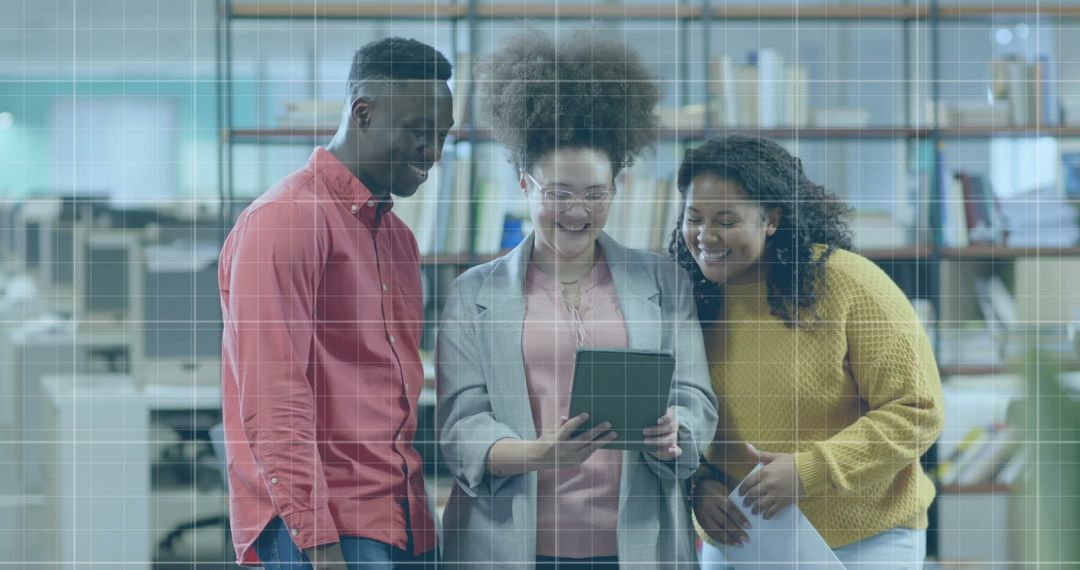 Diverse Colleagues Analyzing Tablet with Financial Data Overlay