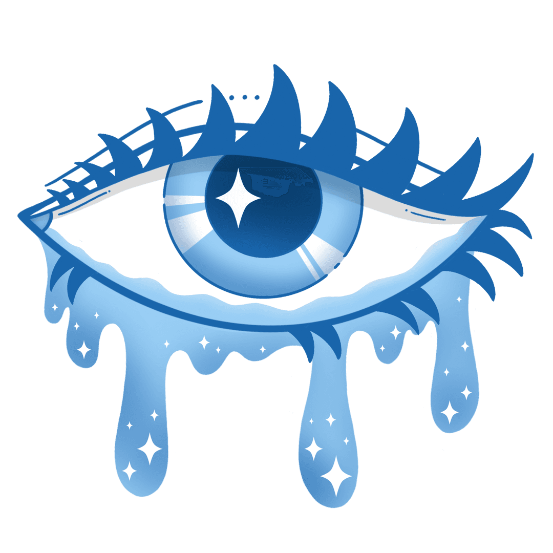 Abstract Melting Eye with Blue Iris and Sparkling Drips on Transparent