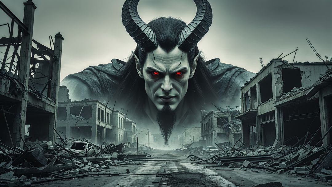 Satan entity above post-apocalyptic ruins with threatening presence