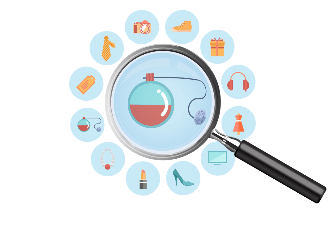 Magnifying Glass with Ecommerce Icons on Transparent Background