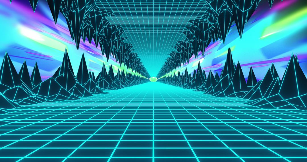 Retro Futuristic Metaverse with Neon Grids and Aperture