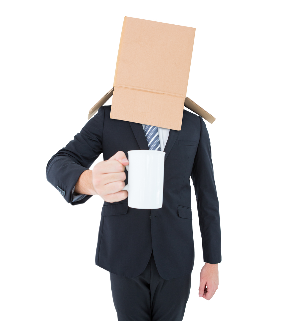 Businessman in Suit with Box on Head Holding Cup Transparent Background - Download Free Stock Images Pikwizard.com