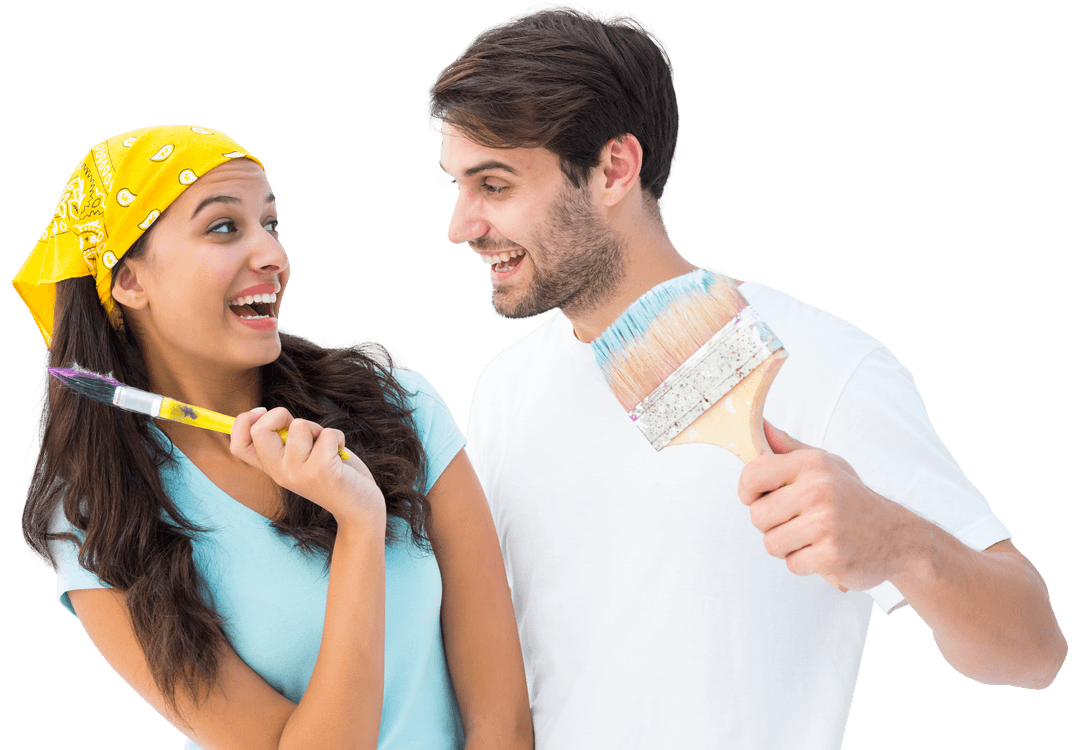 Happy Couple Laughing While Painting on Transparent Background