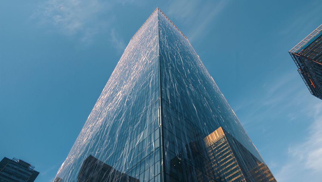 Upward perspective glass skyscraper reflecting sky and city lights with shimmering facade
