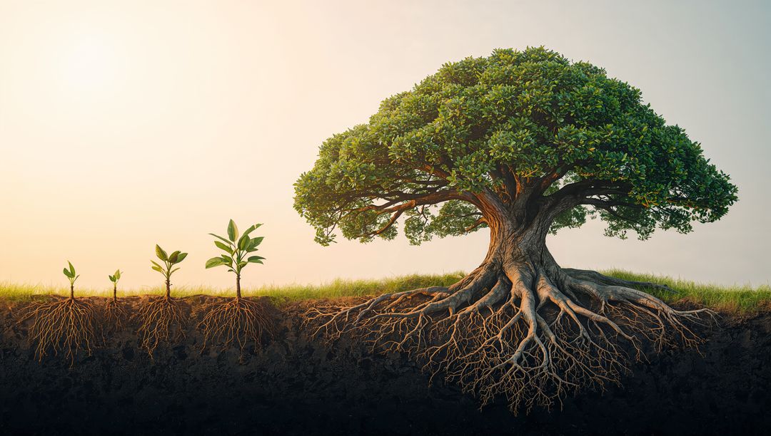 Growth Stages of Tree in Detailed Cutaway Revealing Roots and Canopy