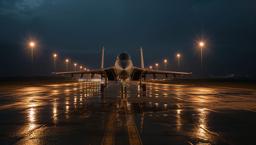 Jet Fighter on Gleaming Wet Runway at Night with Lights