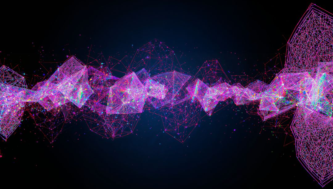 Futuristic Neon Network with Floating Wireframe Meshes