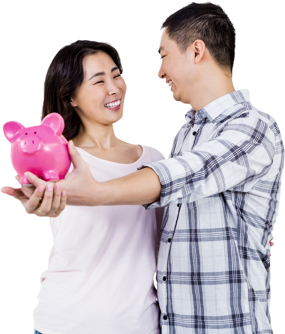 Happy Couple Holding Pink Piggy Bank While Smiling at Each Other - Transparent Background - Download Free Stock Images Pikwizard.com