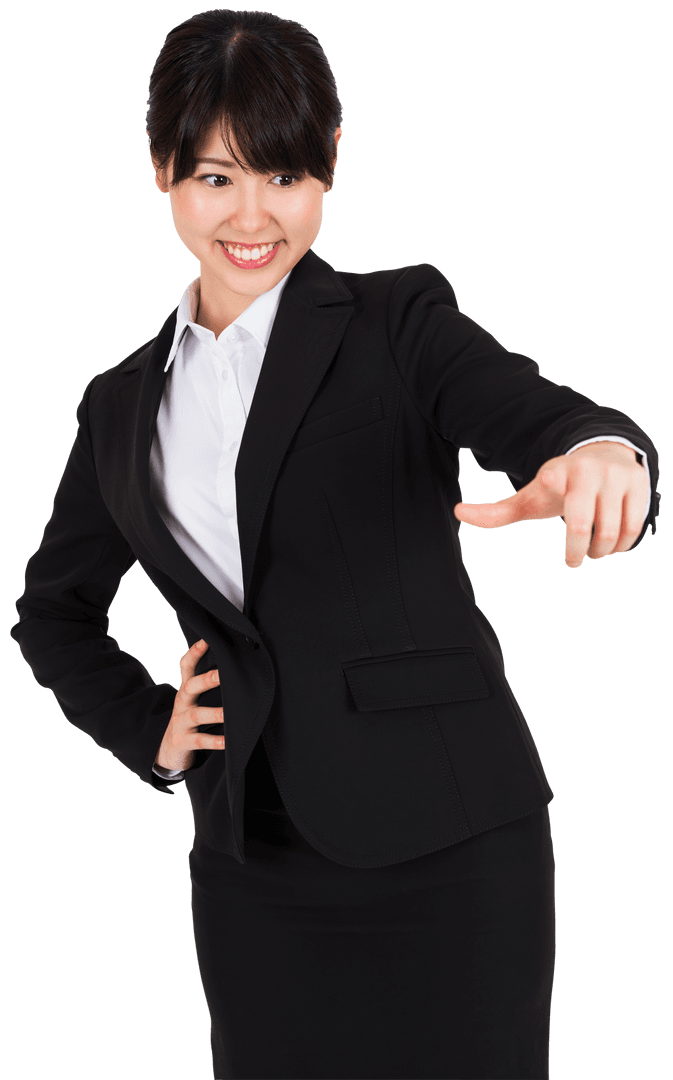 Smiling Asian Businesswoman Pointing Forward on Transparent Background
