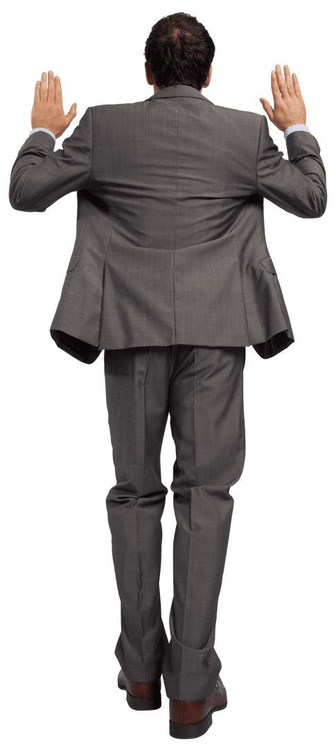 Transparent Businessman Positing with Raised Hands