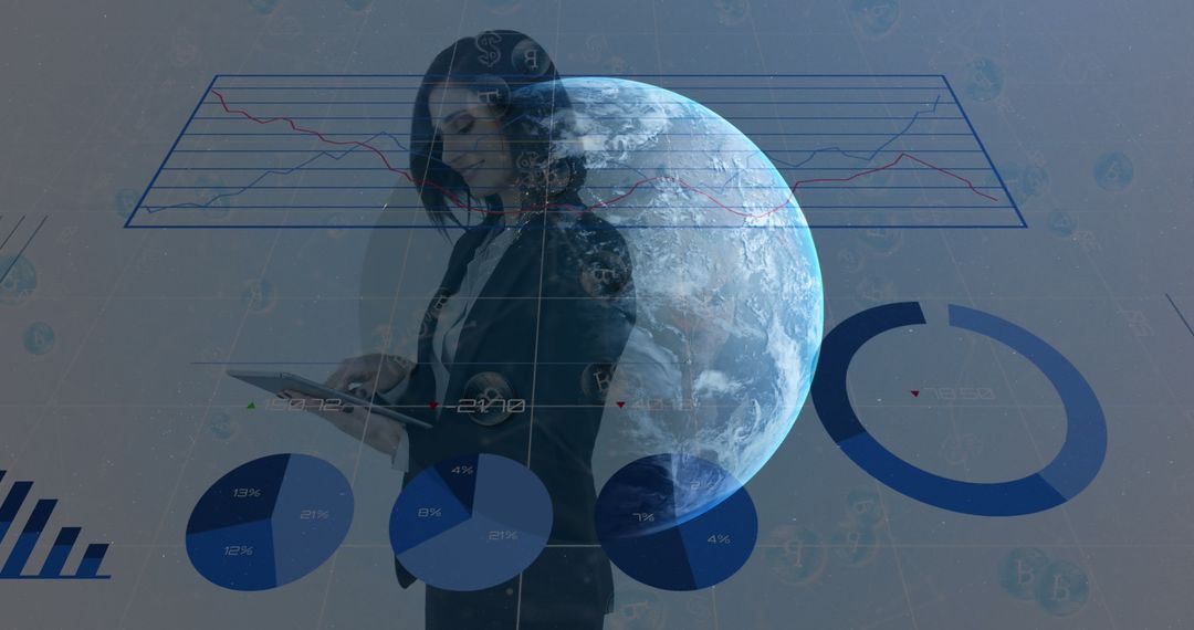 Businesswoman Analyzing Data with Earth and Charts Overlay - Free Images, Stock Photos and Pictures on Pikwizard.com