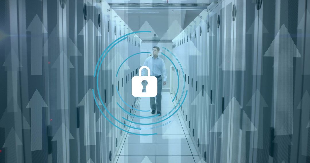 Businessman in Secure Server Room with Digital Lock Overlay