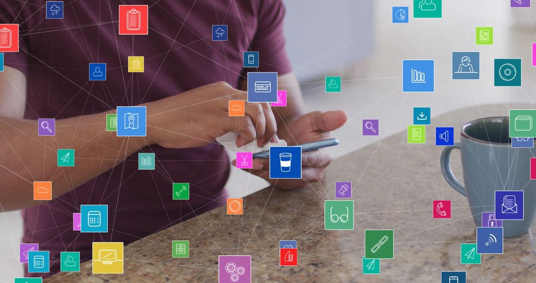 Man Sanitizing Smartphone Amid Digital Connectivity Icons