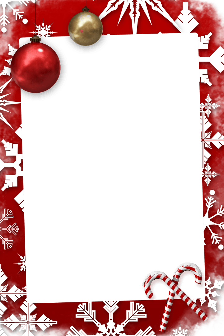 Festive Christmas Frame with Baubles and Snowflakes on Transparent Background