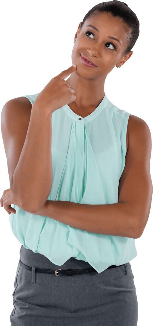 Thoughtful Businesswoman in Transparent Blouse Looking Up and Contemplating