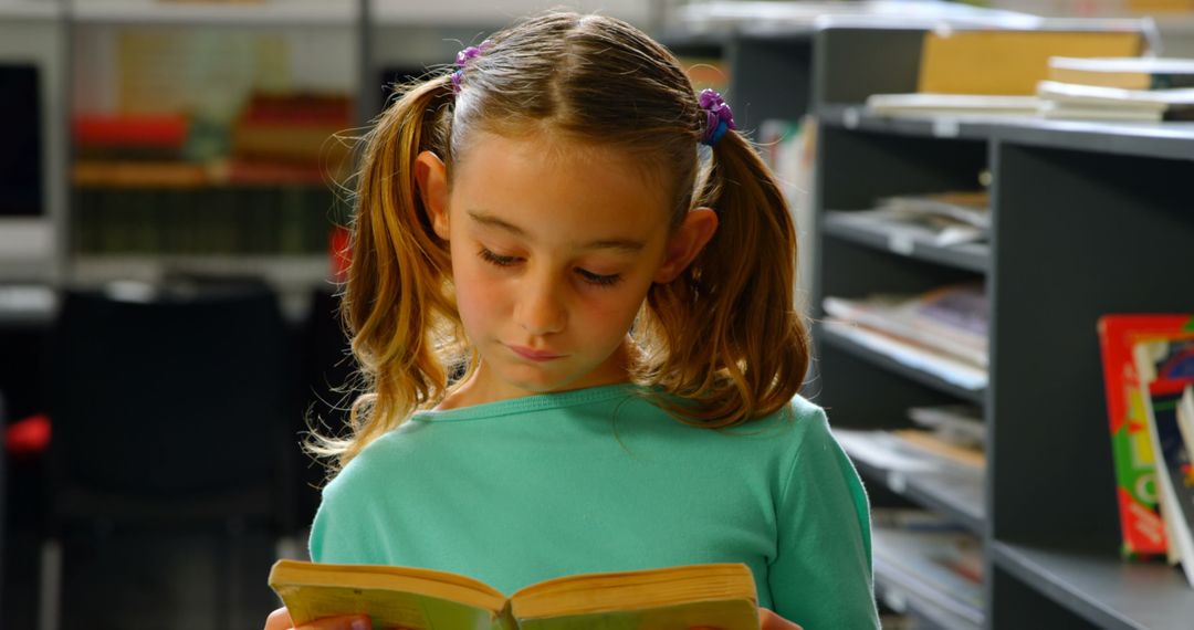 Caucasian Schoolgirl Reading in School Library Setting
