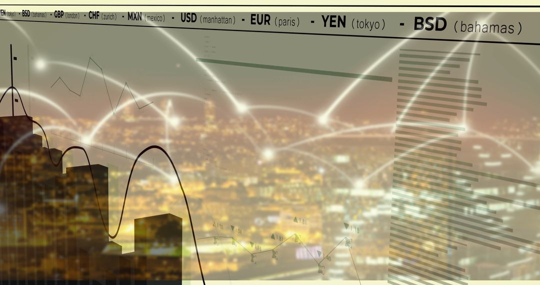 Smart City Skyline with Futuristic Currency Network Visualization