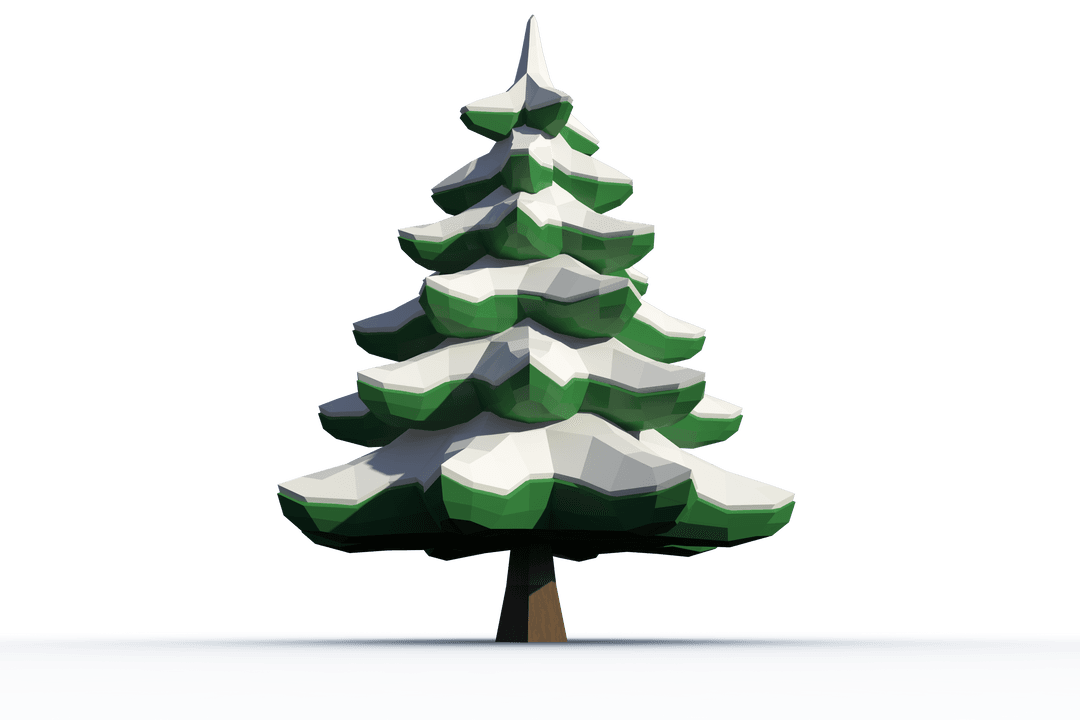 Low Poly Snow-Covered Tree on Transparent Background