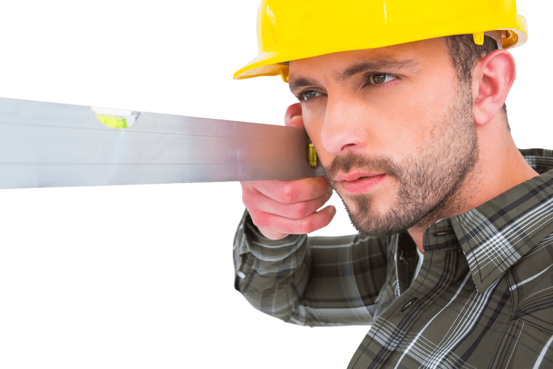 Confident Carpenter Using Transparent Spirit Level Tool