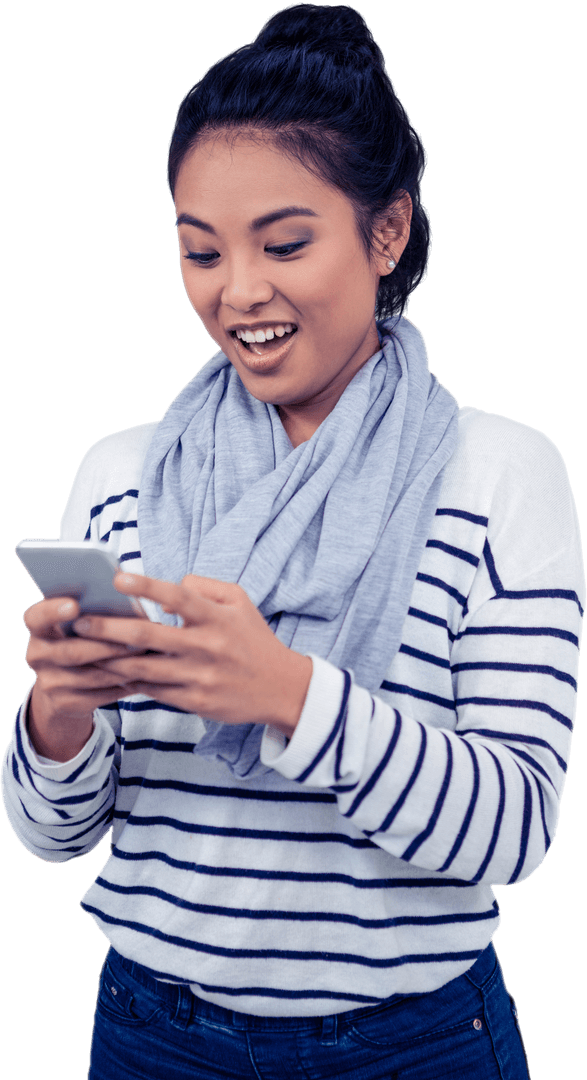 Asian Woman Using Smartphone with Transparent Background