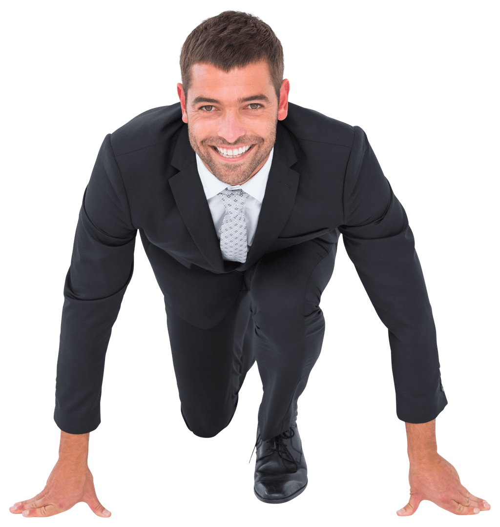 Smiling Businessman in Starting Position on Transparent Background