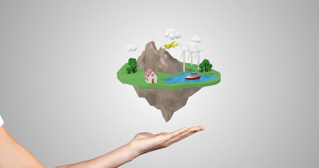 Hand Holding Floating Island with Energy Sources