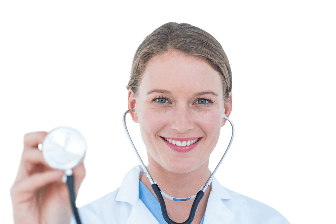 Transparent Smiling Female Doctor Holding Stethoscope Confidently