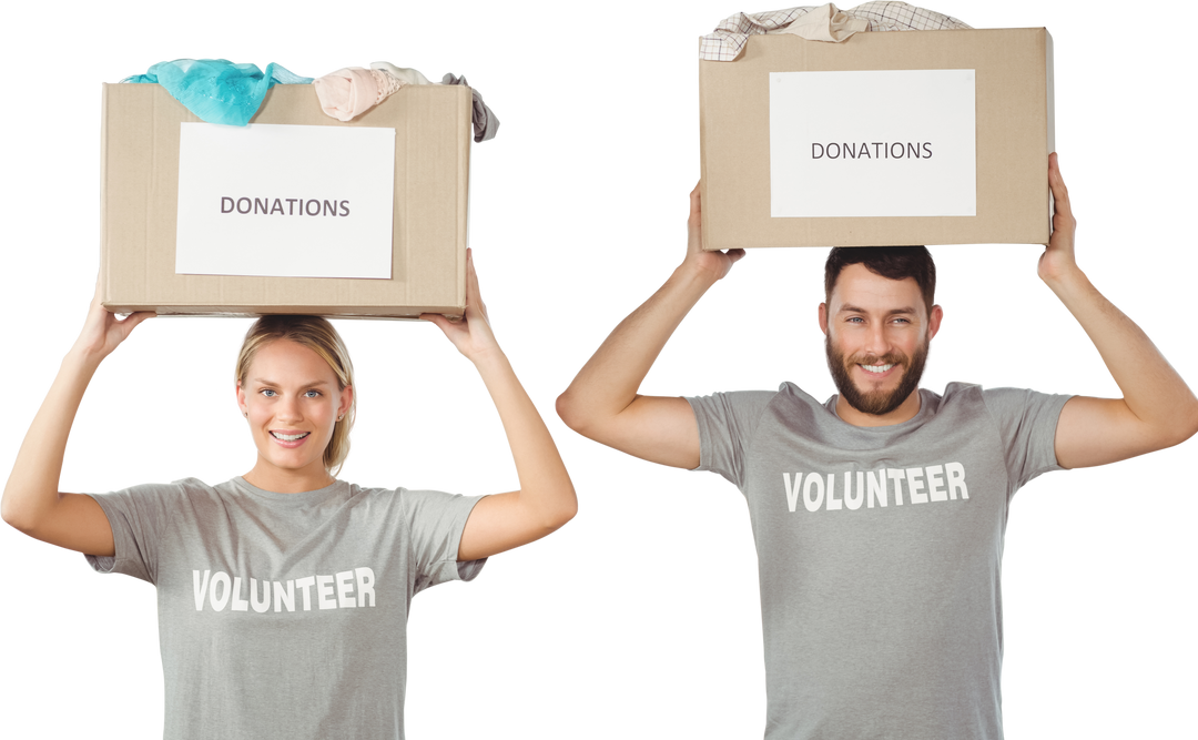 Smiling Volunteers Holding Donation Boxes on Head Transparent Background - Download Free Stock Images Pikwizard.com